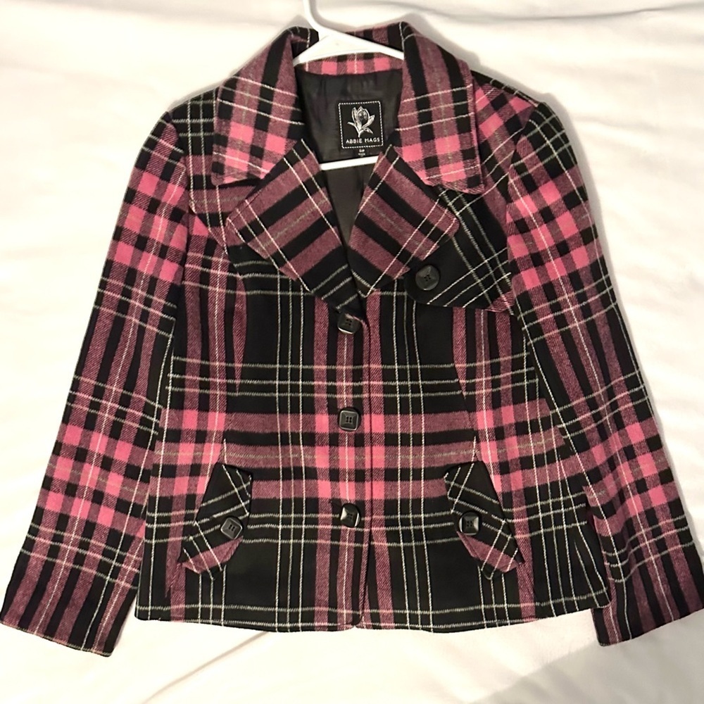 Abbie Mags Pink & Black Plaid Pea Coat Women’s S Wool blend Buttons Lined Winter